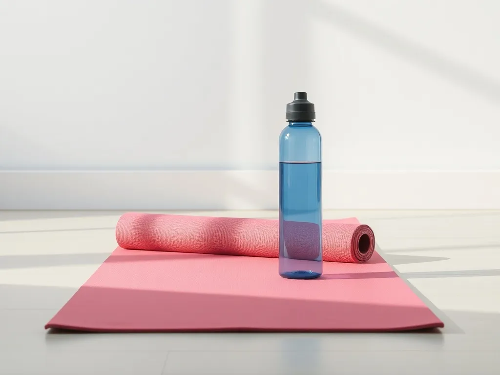 A minimalist infographic style photo of a yoga mat and a wat
